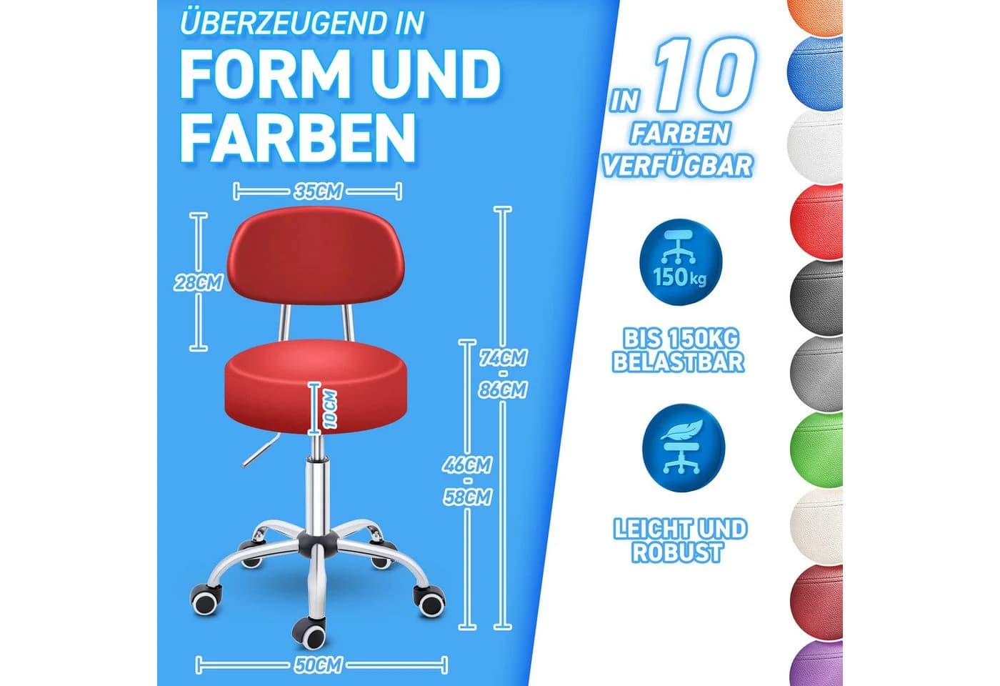 TRESKO Drehhocker mit Lehne Rot höhenverstellbar