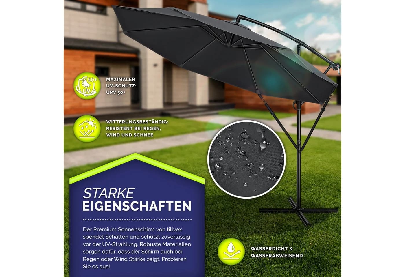 tillvex Sonnenschirm 300 cm Kurbel Ampelschirm Anthrazit Aluminium