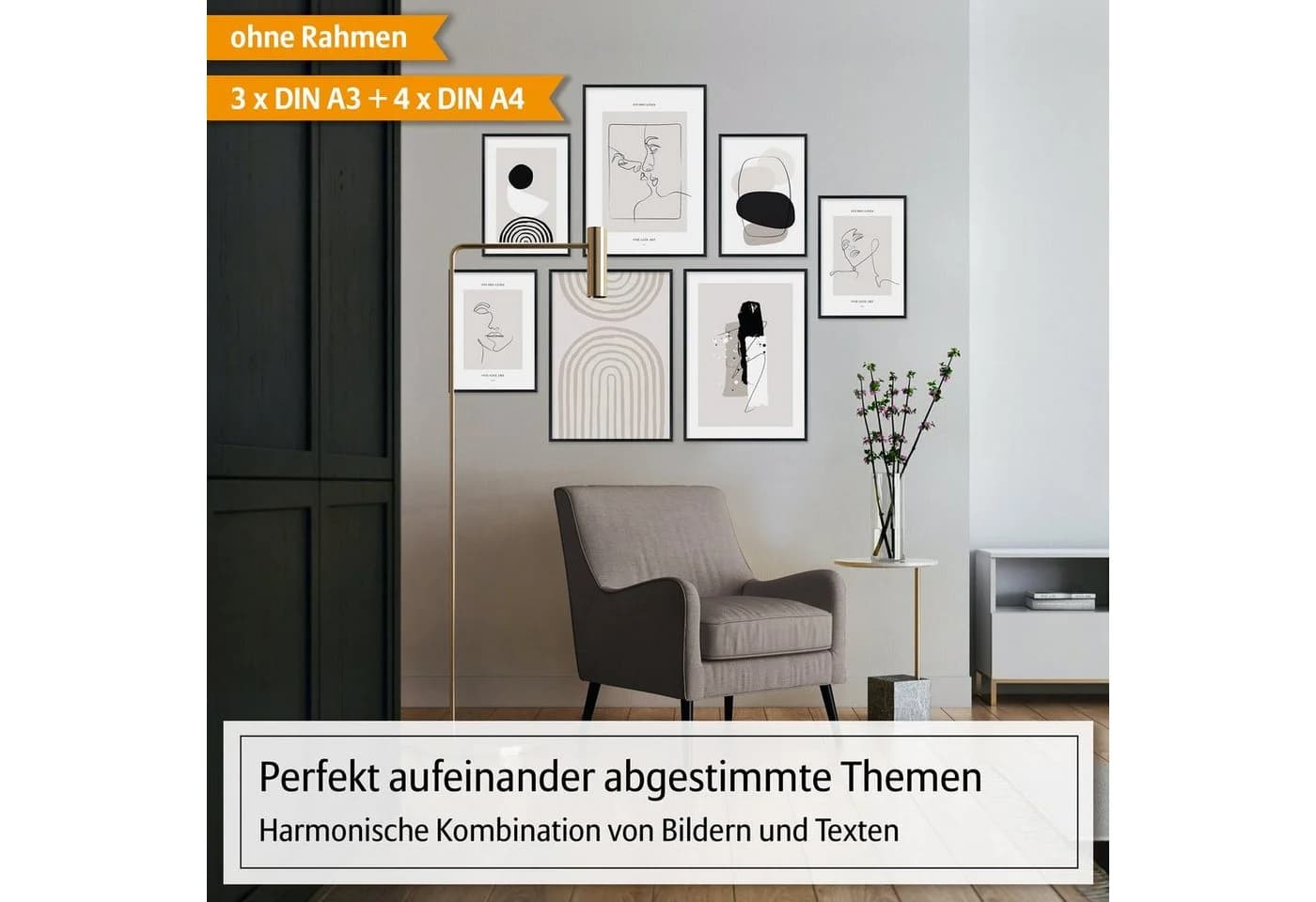 Hyggelig Home Poster Set 7-tlg. Schwarz-Weiß Linien Art Collage