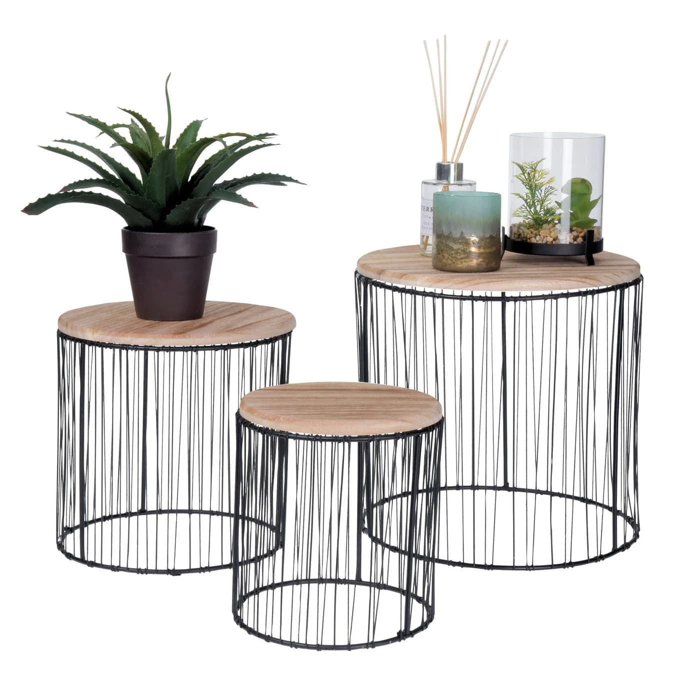 Spetebo Blumenhocker 3er Set Metall Pflanzenständer Schwarz/Natur