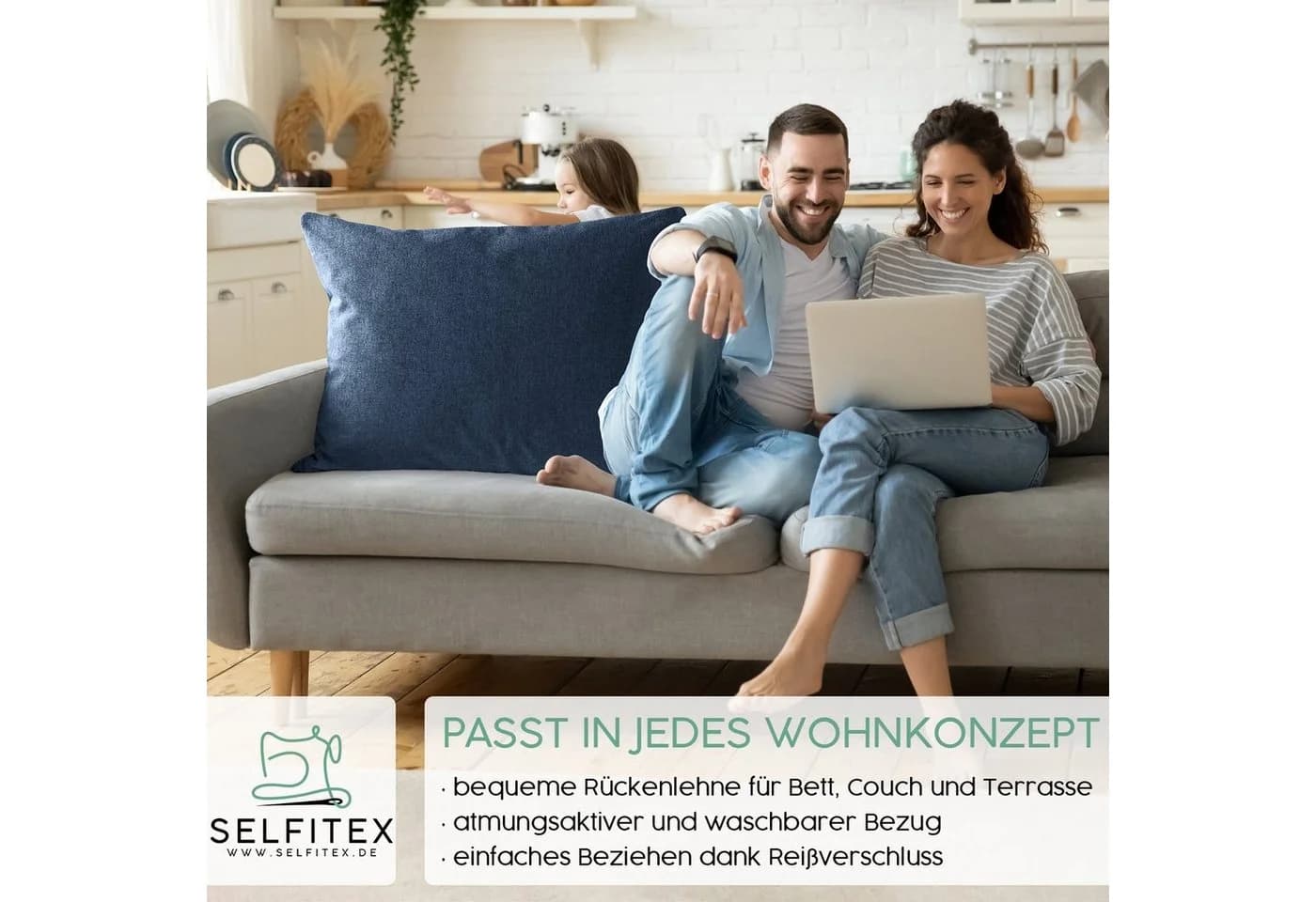 Selfitex Dekokissen Blau mit Füllung für Sofa und Bett