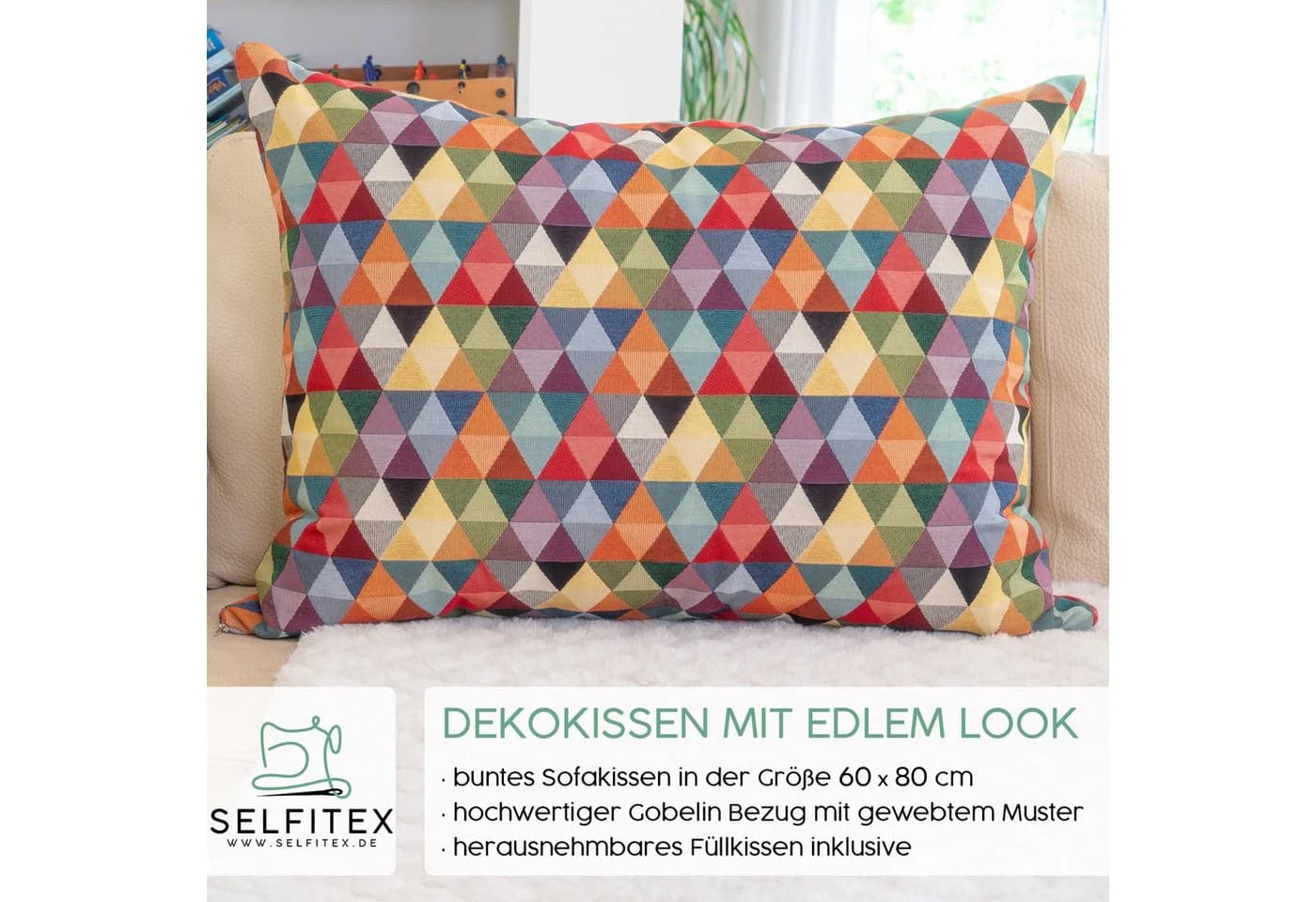 Selfitex Dekokissen XXL 60x80 inkl. Füllkissen, bunter Gobelin-Stoff, Sofakissen der Luxusklasse aus Baumwollmischung