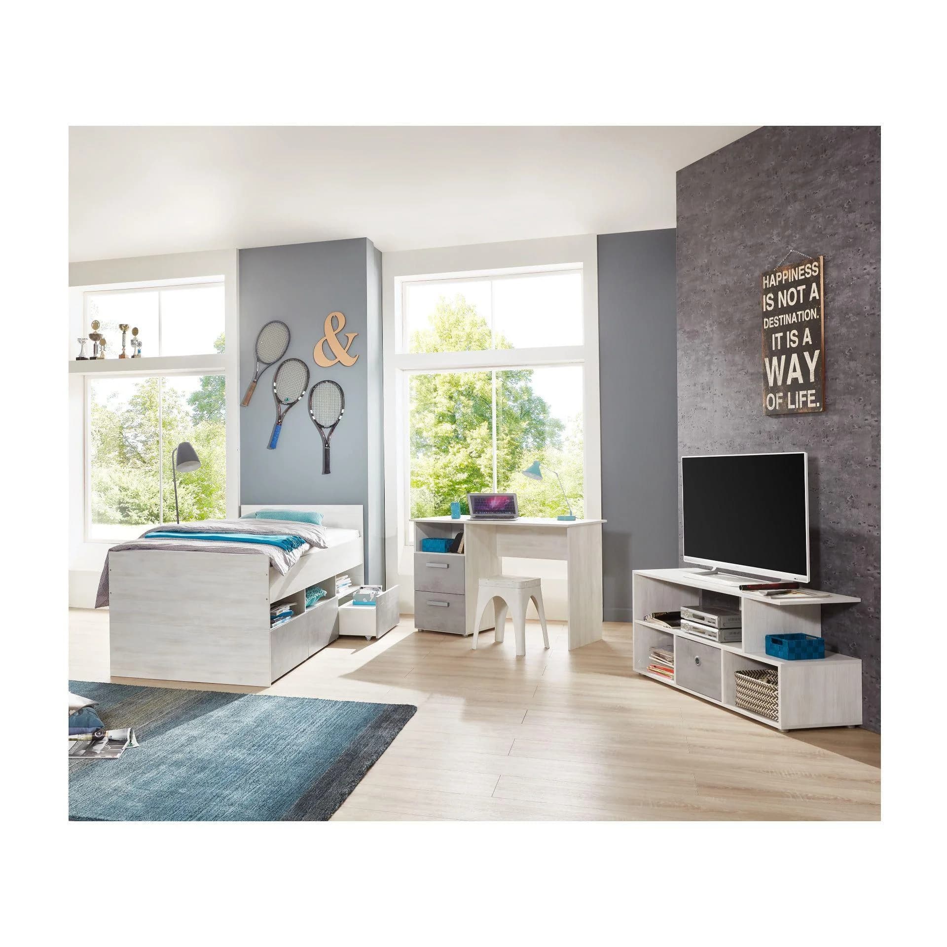Jugendzimmer Set 3-tlg. Bett mit Bettkasten, Schreibtisch & Lowboard