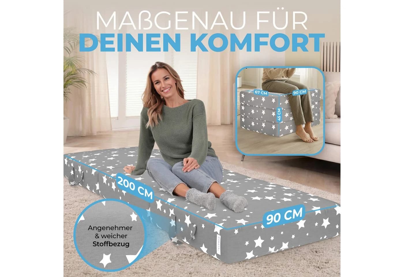 ELONEO Klappmatratze 3-teilig, Gästematratze mit extra dicken Schaumstoff, 15 cm hoch, waschbarer Bezug, geeignet für Hausstauballergiker, schadstoffgeprüft