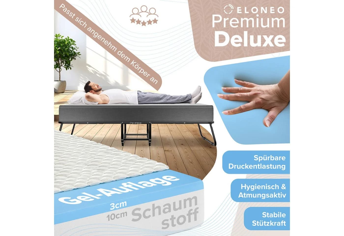 ELONEO Klappbett Gästebett Stabil Platzsparend Matratze Optional