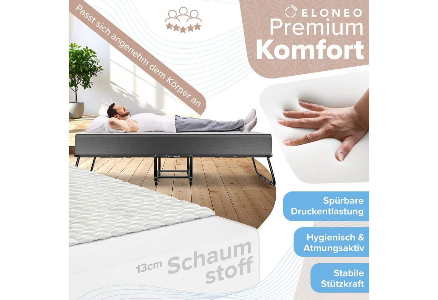 ELONEO Klappbett Gästebett Stabil Platzsparend Matratze Optional
