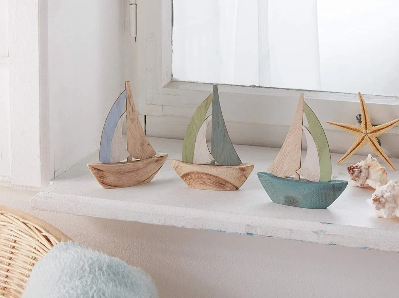 Dekoleidenschaft Mini Segelboote Set 3 St. Blau/Grün Holz