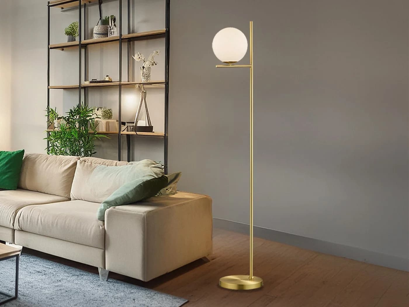 TRIO Leuchten LED Stehlampe Dimmbar Glas-Kugel Messing Weiß