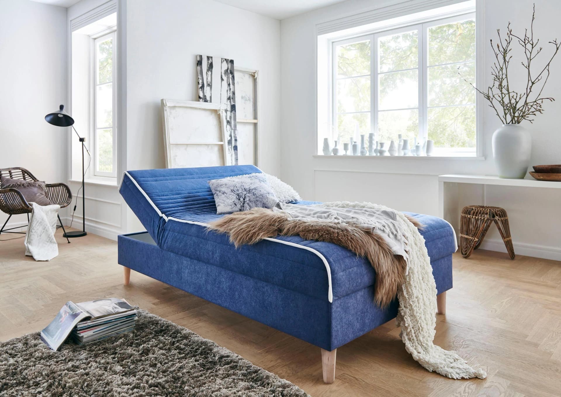 Boxbett Sababa Blau mit Bettkasten und verstellbarem Kopfteil