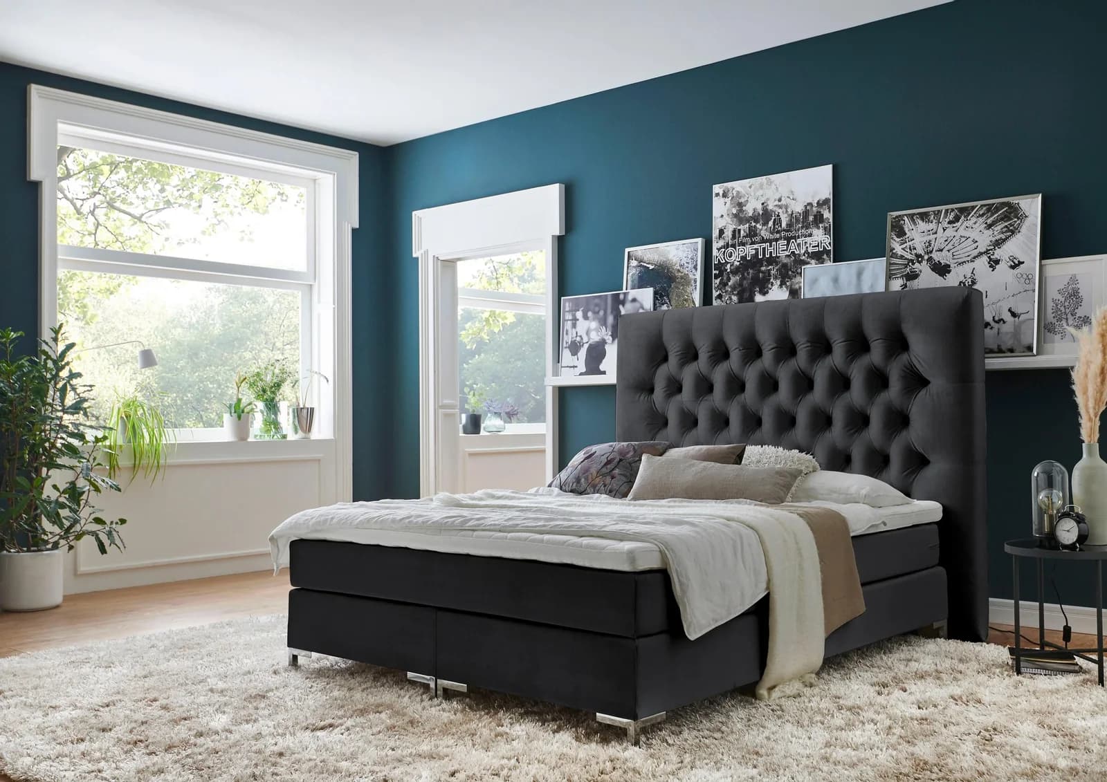 Boxspringbett Ronja Schwarz mit Topper und extra hohem Kopfteil