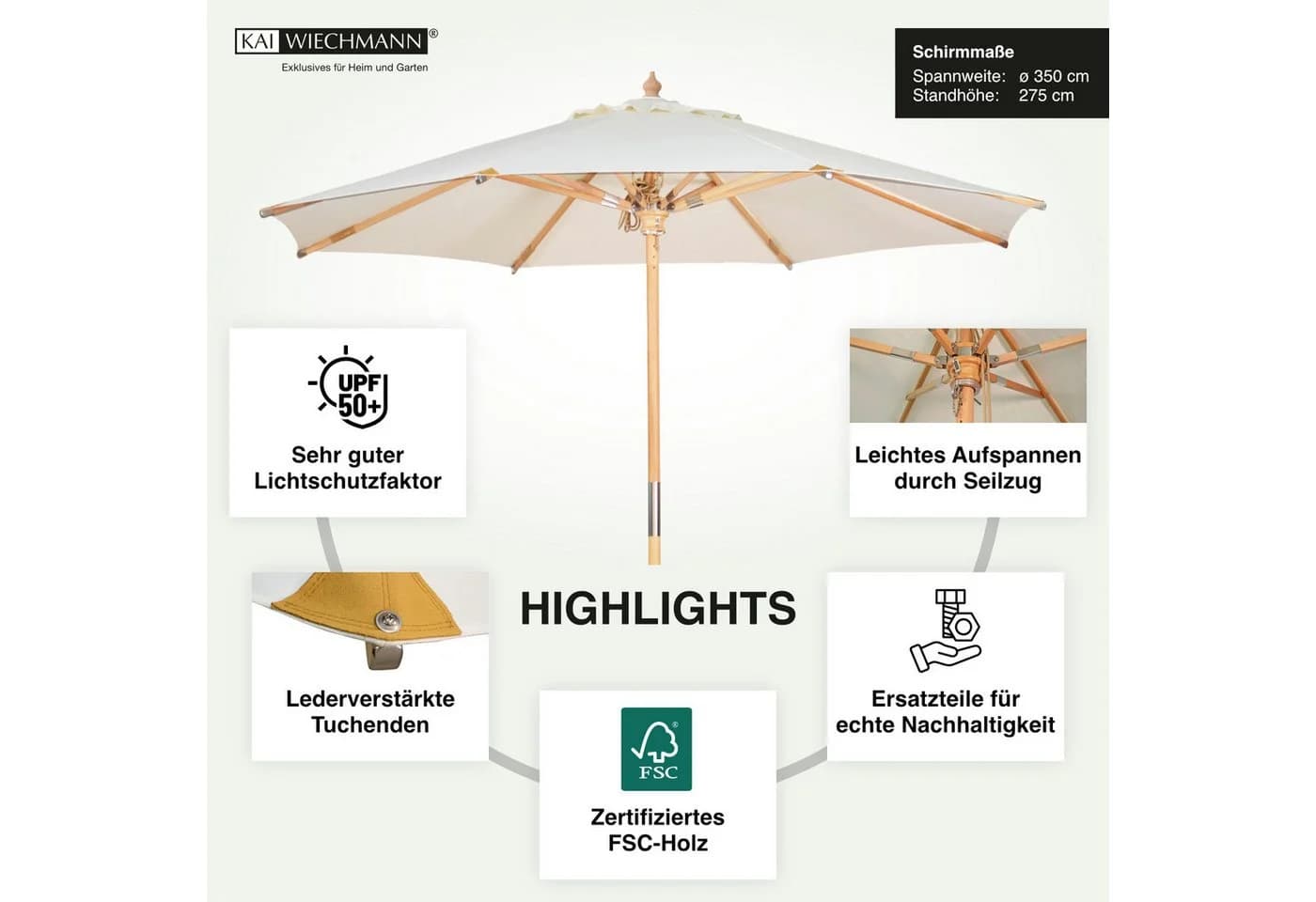 Kai Wiechmann Sonnenschirm 350 cm Weiß Raminholz