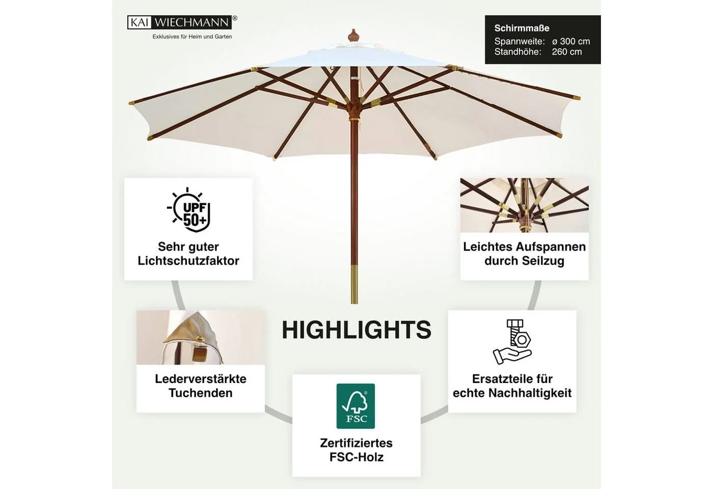 Kai Wiechmann Runder Sonnenschirm 300 cm Weiß Holz
