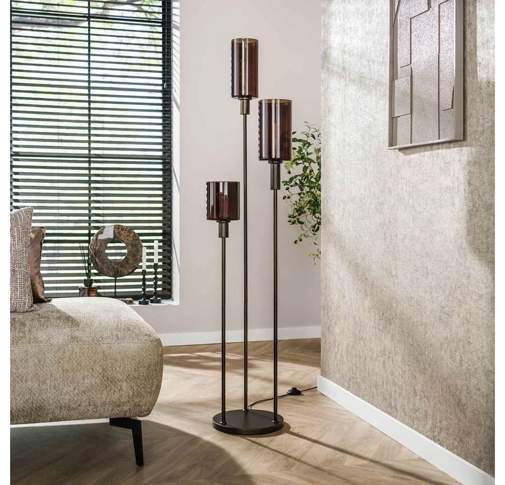 famlights Stehleuchte Geli Braun E27 3-flammig Glas Metall