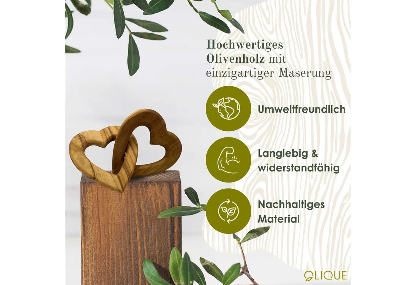 OLIQUE Dekofigur Verbundenes Herz aus Olivenholz – Symbol der Liebe und Verbundenheit