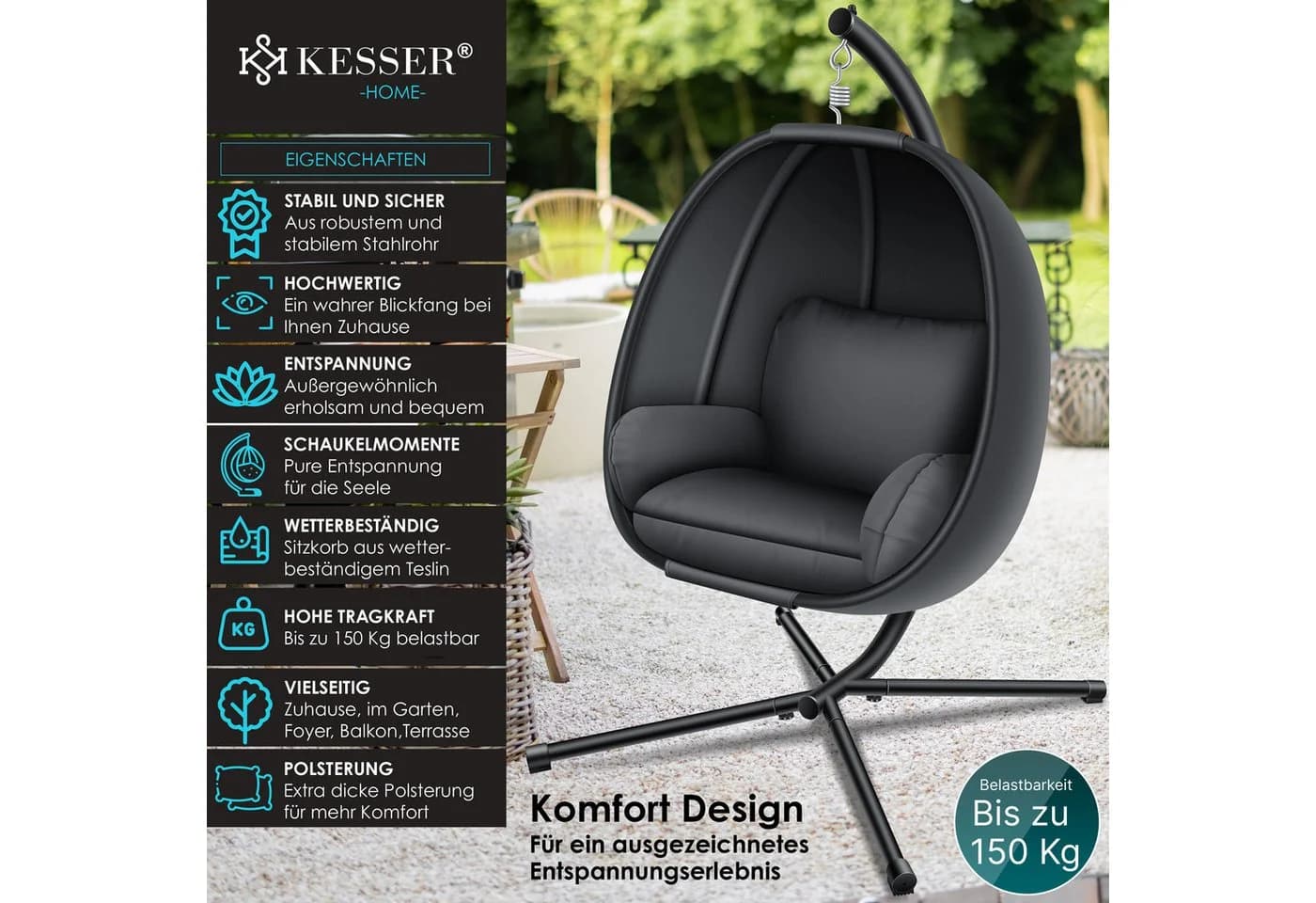 KESSER Luxe Hängesessel mit Gestell Anthrazit Indoor Outdoor