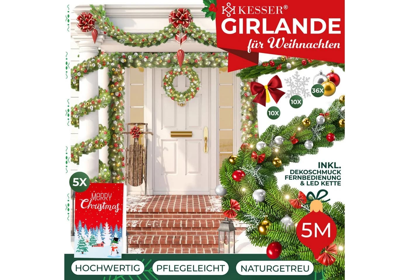 KESSER Kunstgirlande LED Girlande 5m Naturgrün