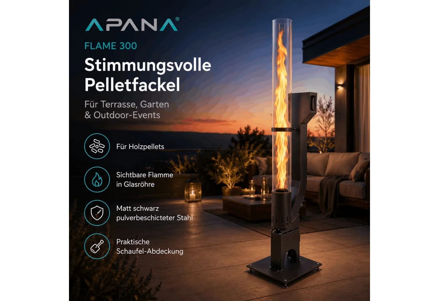 APANA Pelletfackel FLAME Heizstrahler Schwarz mit Glasröhre