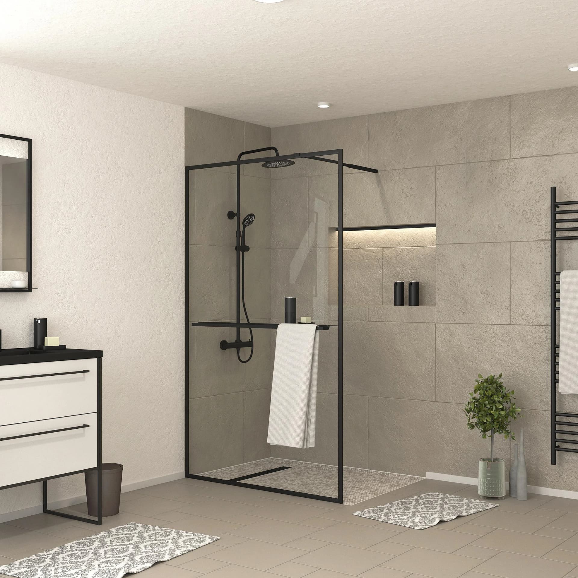 MARWELL Walk-in-Dusche Black Frame Shelf Schwarz mit Ablage