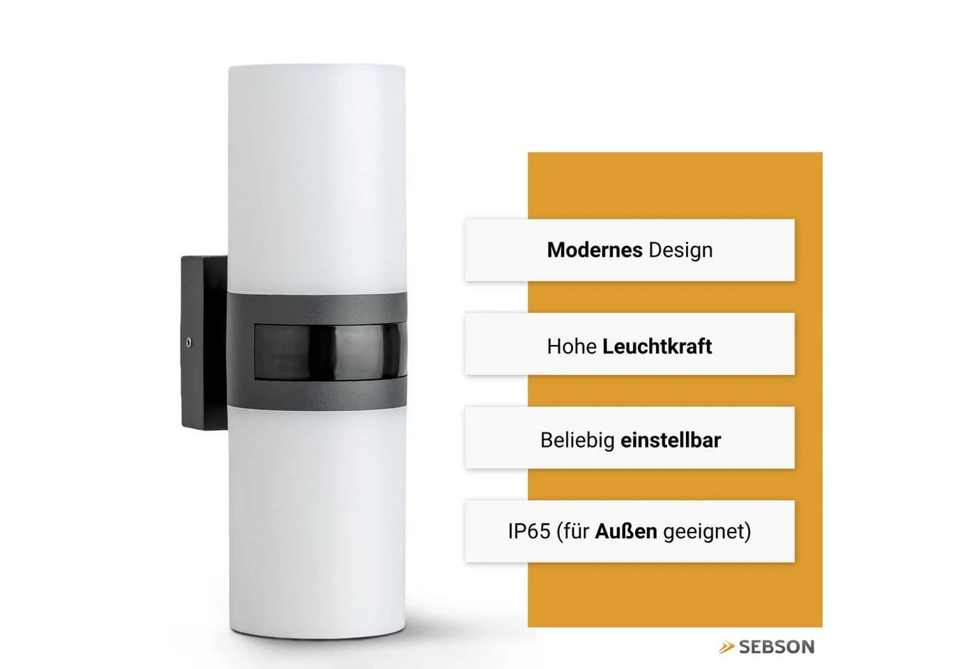 SEBSON Außen-Wandleuchte LED mit Bewegungsmelder, 20W, 2200lm, IP65, Anthrazit