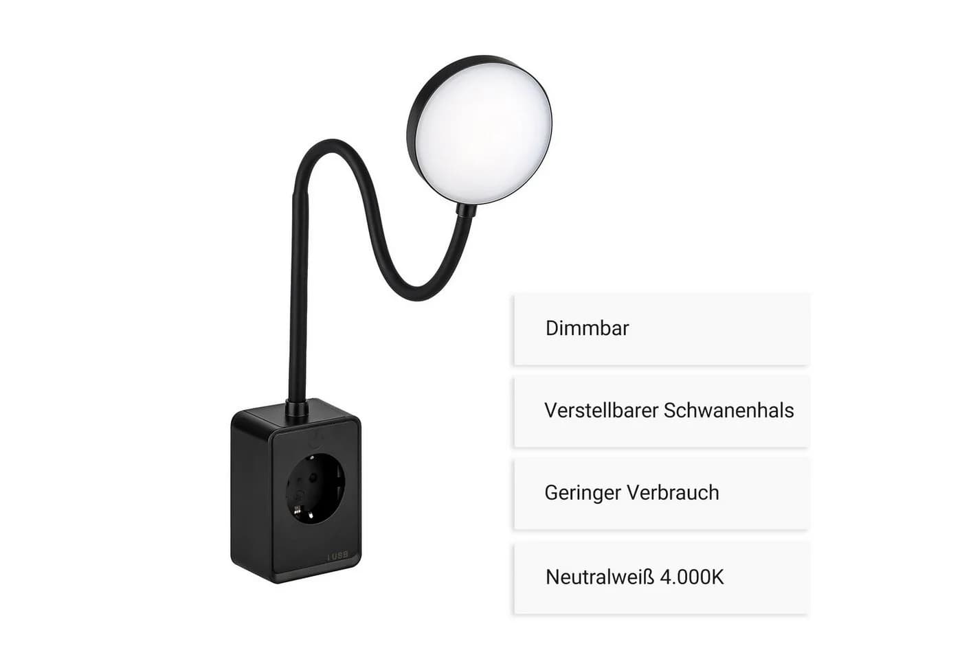 SEBSON LED Steckdosenleuchte Dimmbar Schwarz Flexarm USB