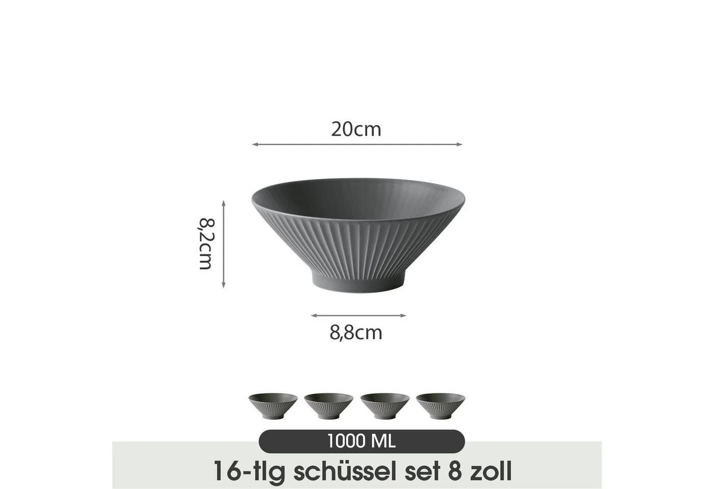 JIWOO Schüssel-Set 16-tlg. Schwarz Keramik Ramenschüssel