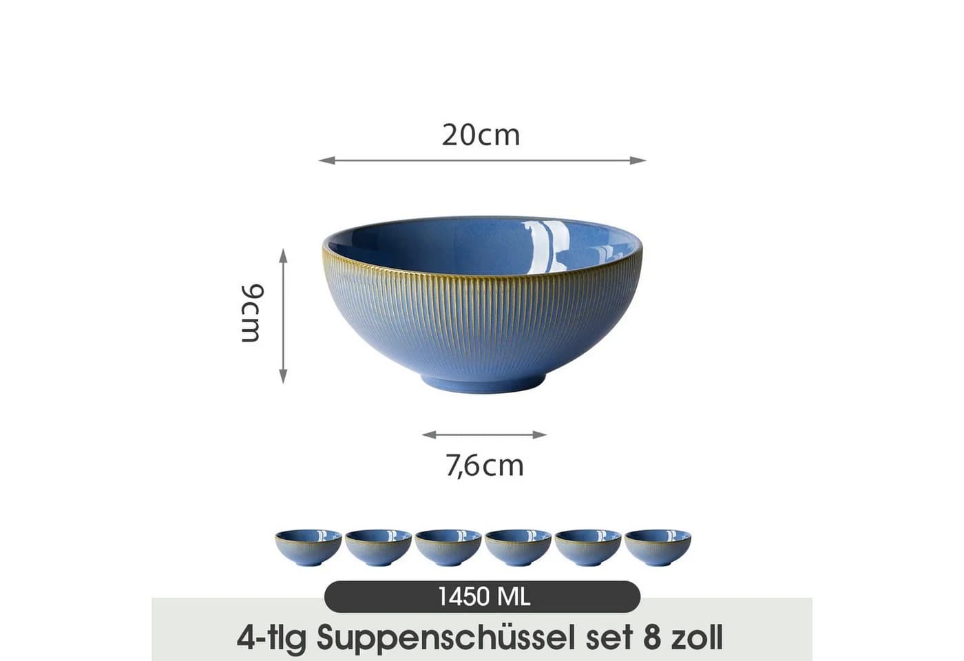 JIWOO Suppenteller 6er Set Blau Keramik Ø20cm