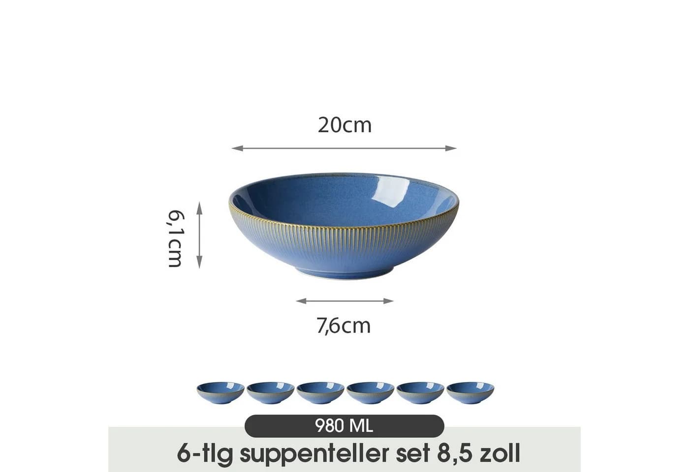 JIWOO Suppenteller 6er Set Blau Keramik Ø20cm Mikrowellenfest