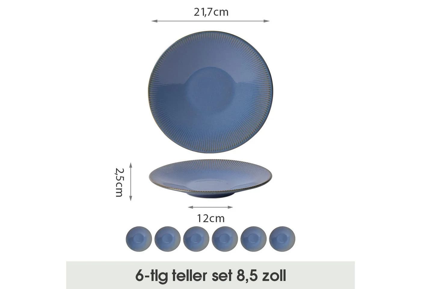 JIWOO Keramik-Tellerset 6-teilig Blau Ø21,7cm Mikrowellen- & spülmaschinenfest