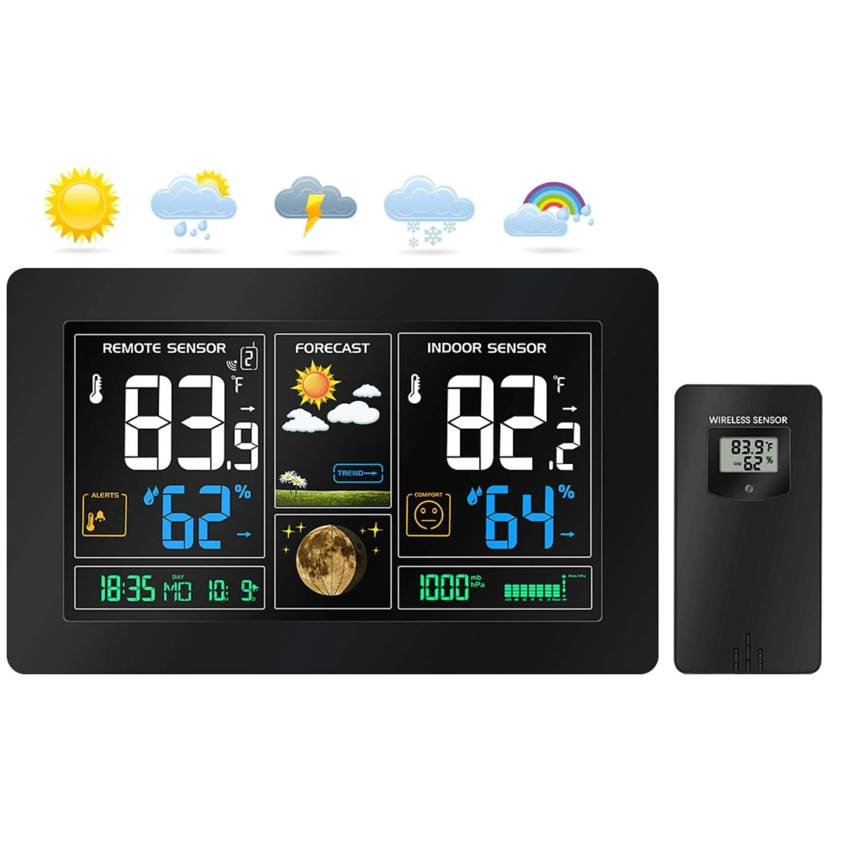 Echos Funkwetterstation LCD Farbdisplay Wettervorhersage Außensensor Schwarz