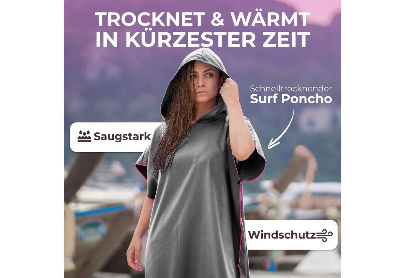 NirvanaShape Handtuch-Poncho Grau/Rosa Rand Quick-dry Mikrofaser Unisex