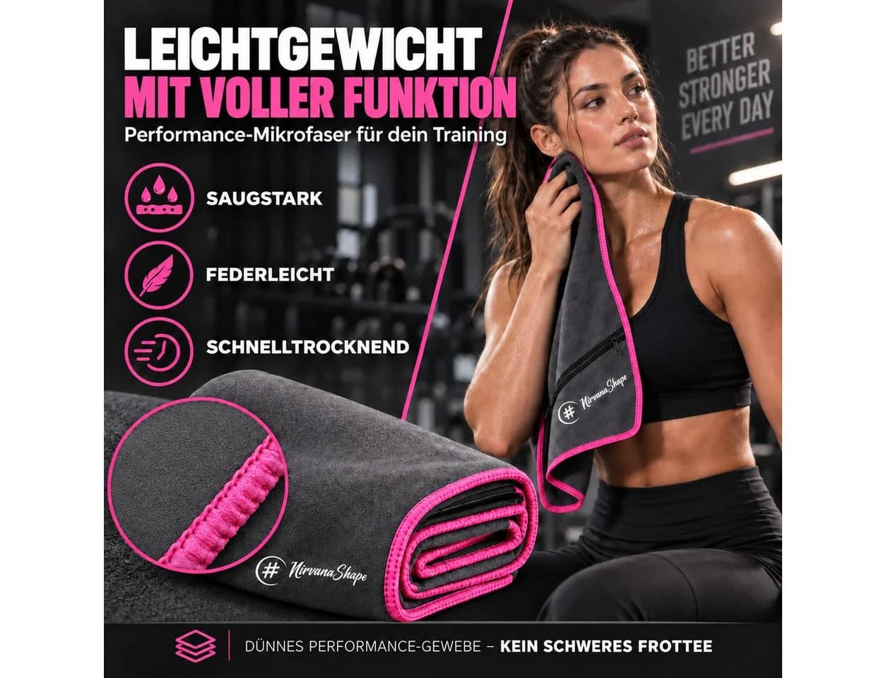 NirvanaShape Mikrofaser Fitnesshandtuch Grau mit Ecktasche