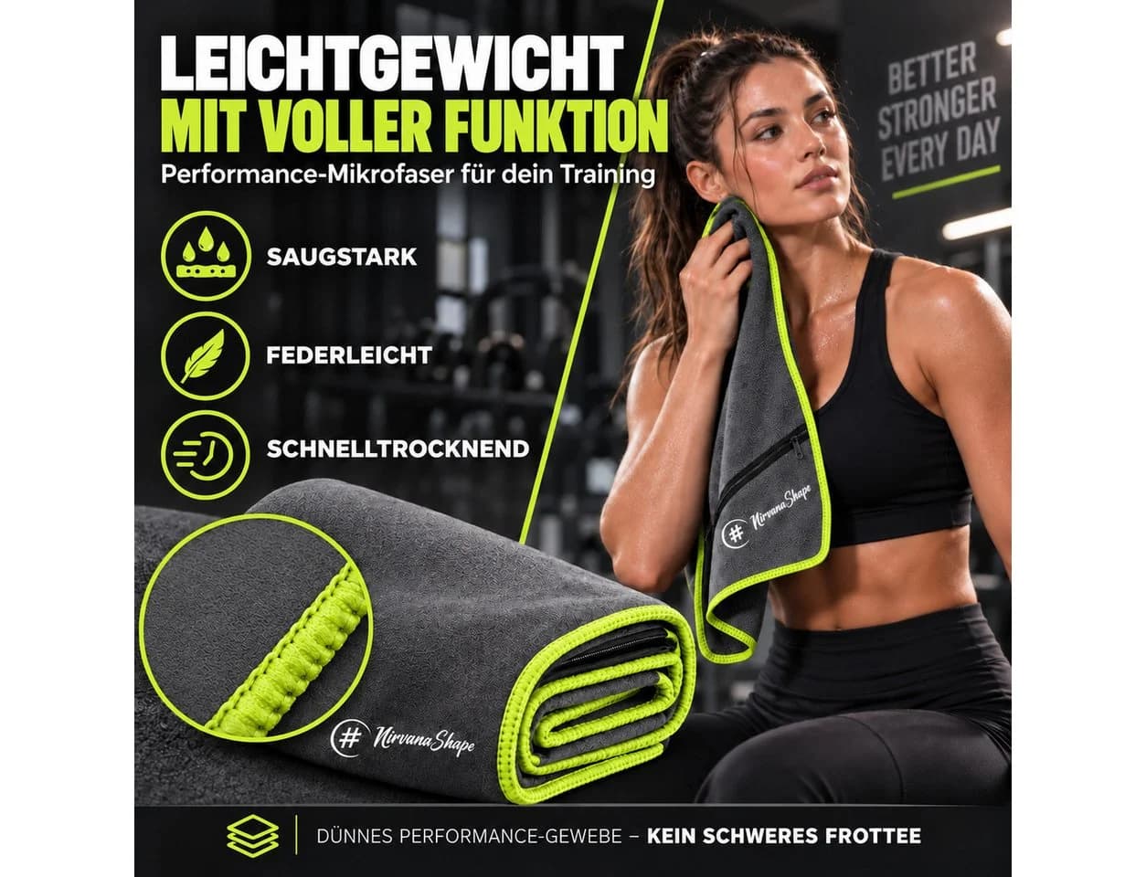 NirvanaShape Mikrofaser Fitnesshandtuch Grau/Gelb mit Tasche & Knöpfen