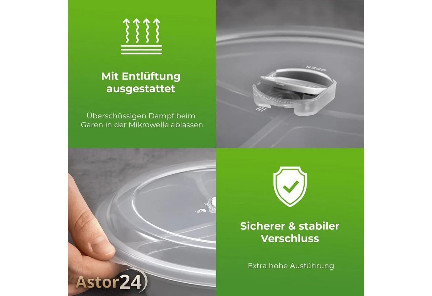 astor24 Mikrowellenteller 2-tlg. mit Deckel BPA-frei 3-Fach Aufteilung
