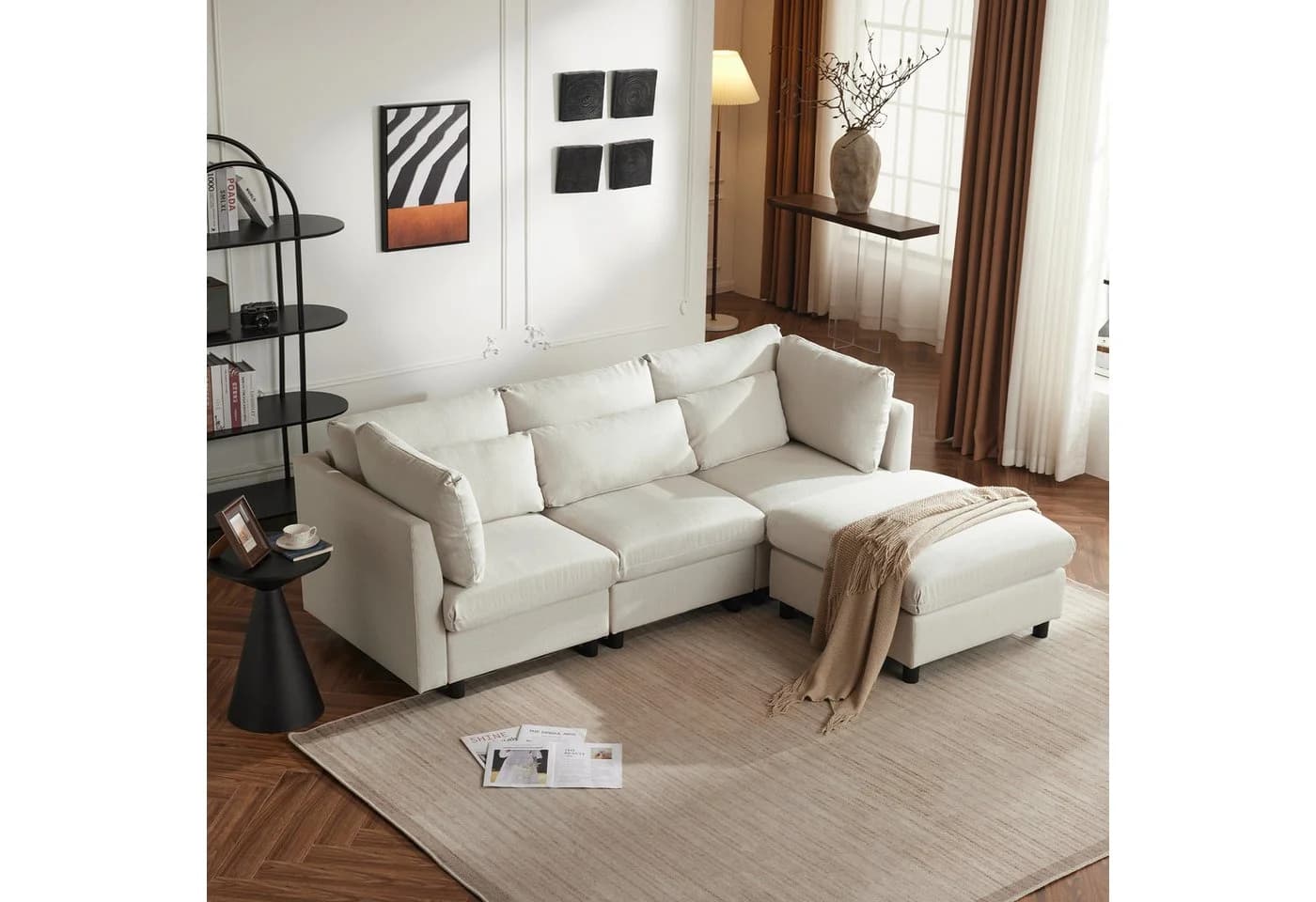 SOFTWEARY Ecksofa L-Form mit Hocker und Kissen Leinen Beige