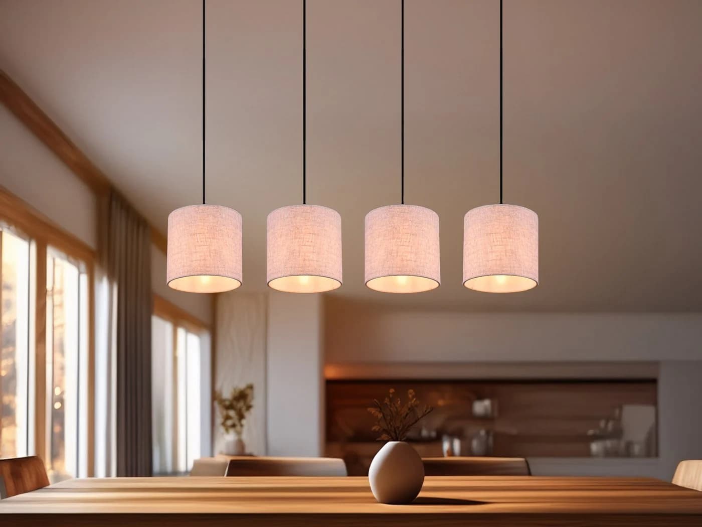 Trio Leuchten LED Pendelleuchte 4-flammig Beige Holz Stoff Skandinavisch