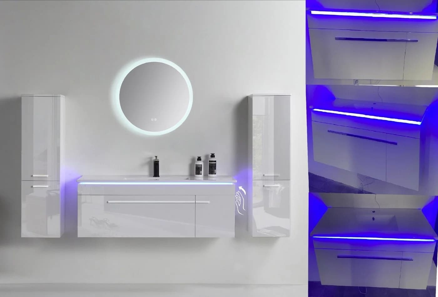 Faizee Möbel Badmöbel-Set Weiß Hochglanz mit LED-Spiegel und Soft-Close