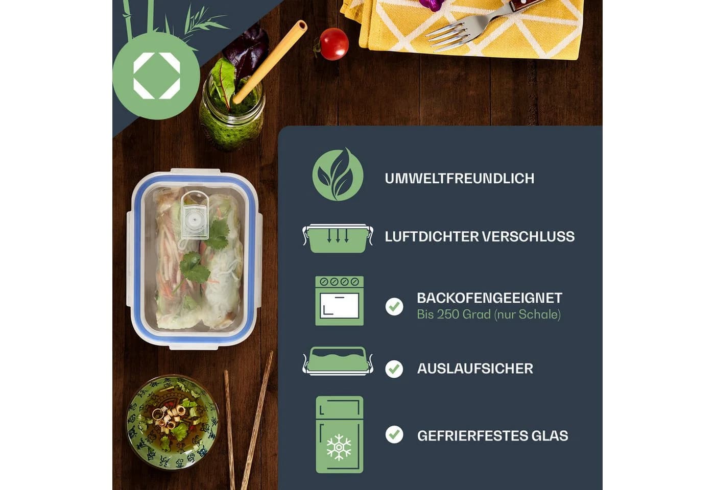 Klarstein Frischhaltedose 4er Set Glas rechteckig mit Bügelverschluss