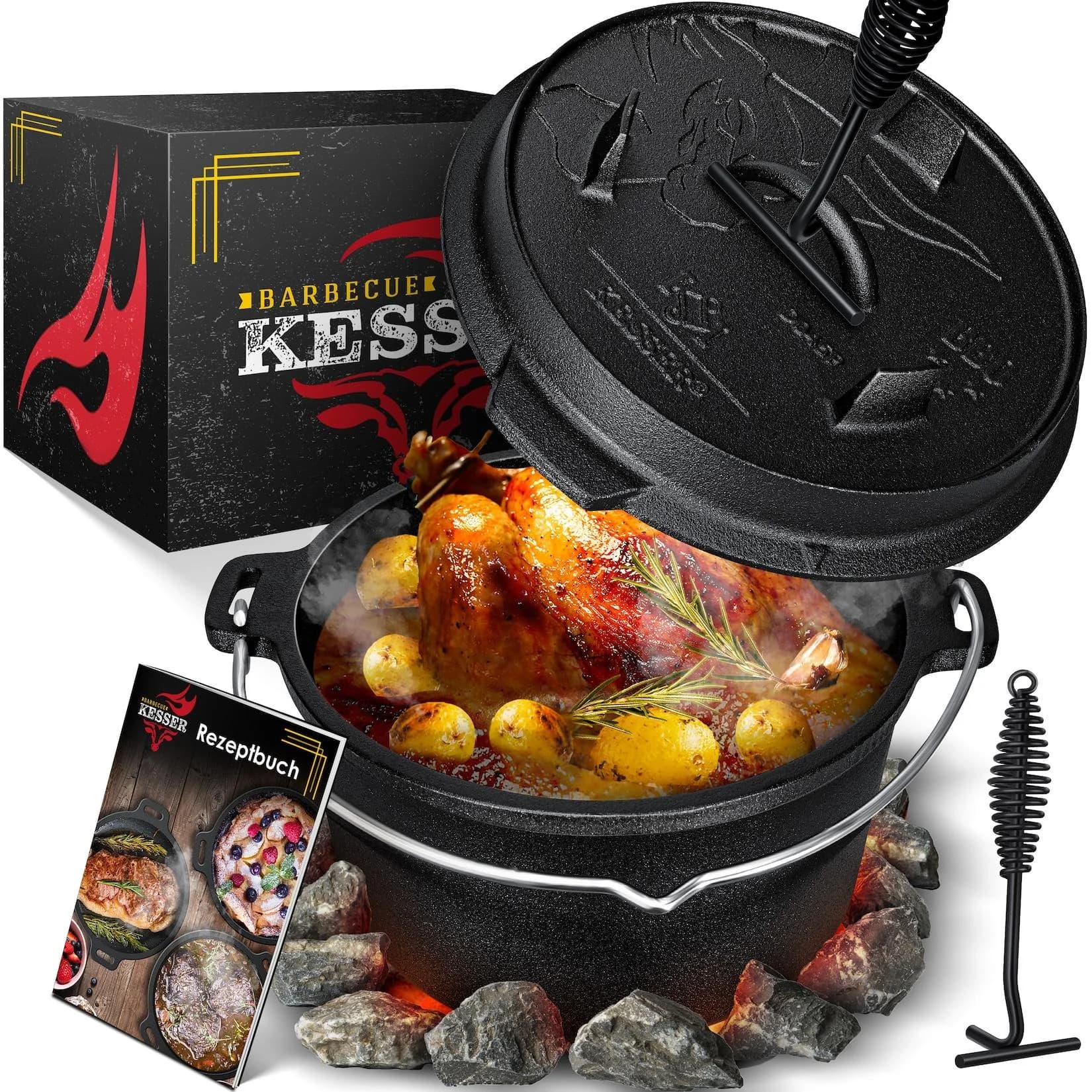 KESSER® Dutch Oven Set BBQ Feuertopf Schmortopf Gusseisen