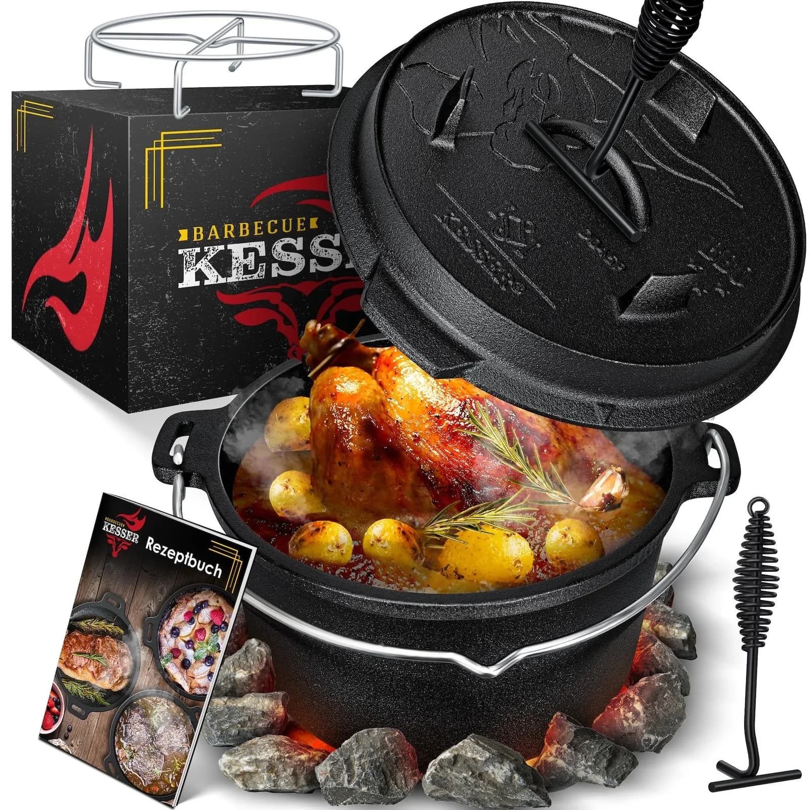 KESSER® Dutch Oven Set BBQ Feuertopf Schmortopf Gusseisen Topf mit Deckelheber