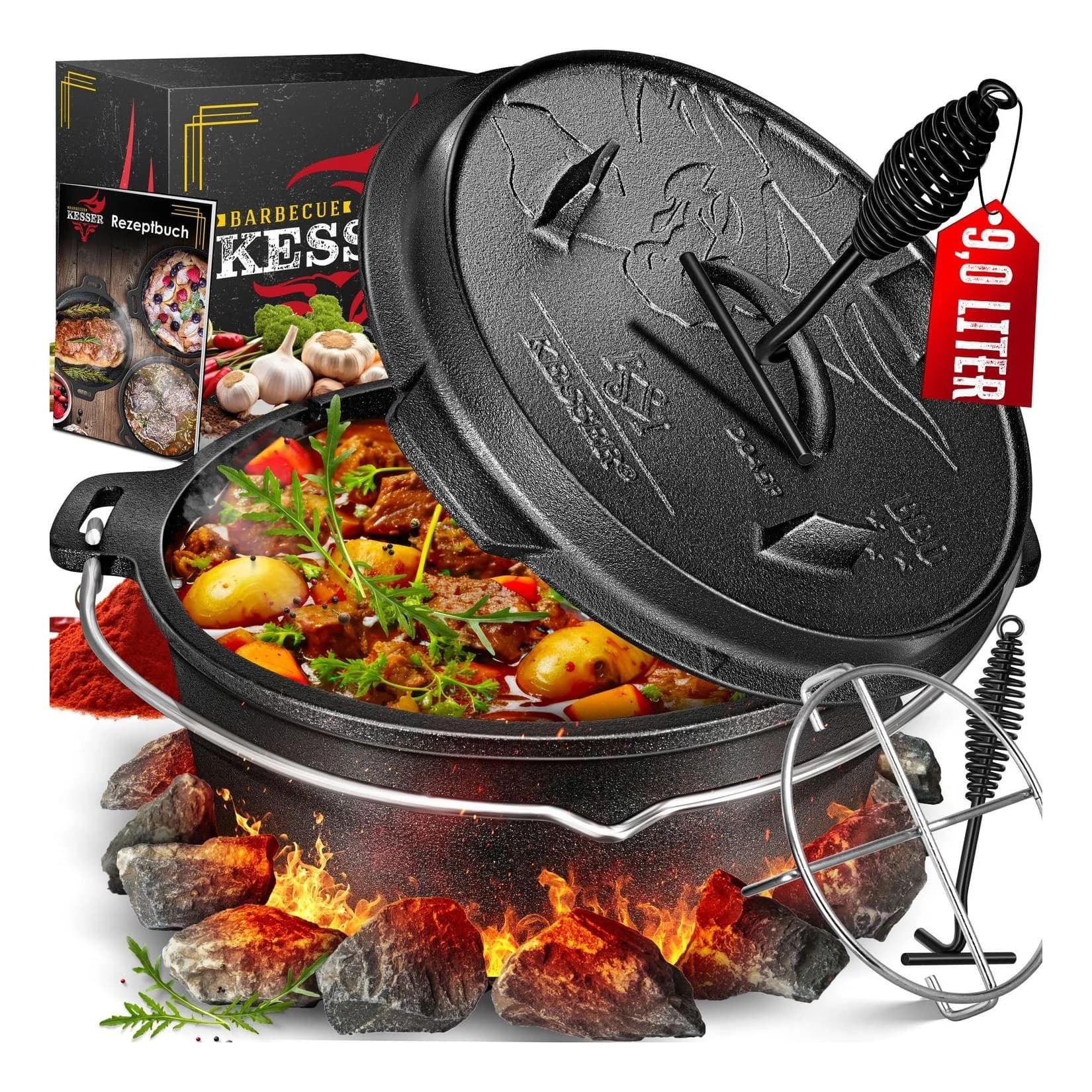 KESSER® Dutch Oven Set BBQ Feuertopf Schmortopf, Gusseisen Topf mit Deckelheber Henkel und Schlitz für Themormeter