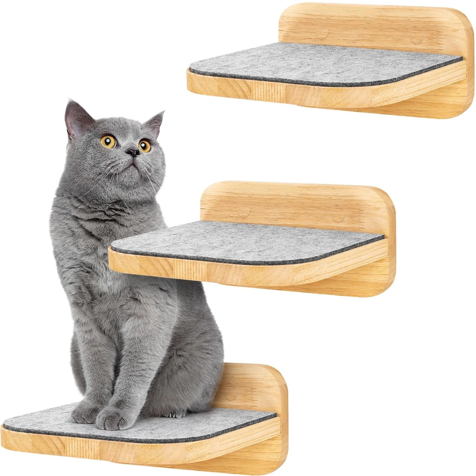 HAPPYPET Katzentreppe 3er-Set Wandmontage Hartholz Filz