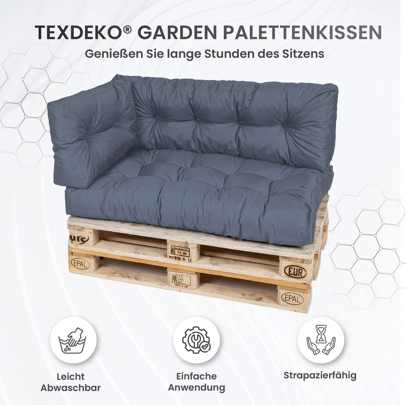 TexDeko Palettenkissen 2-teilig Grau wasserabweisend gesteppt