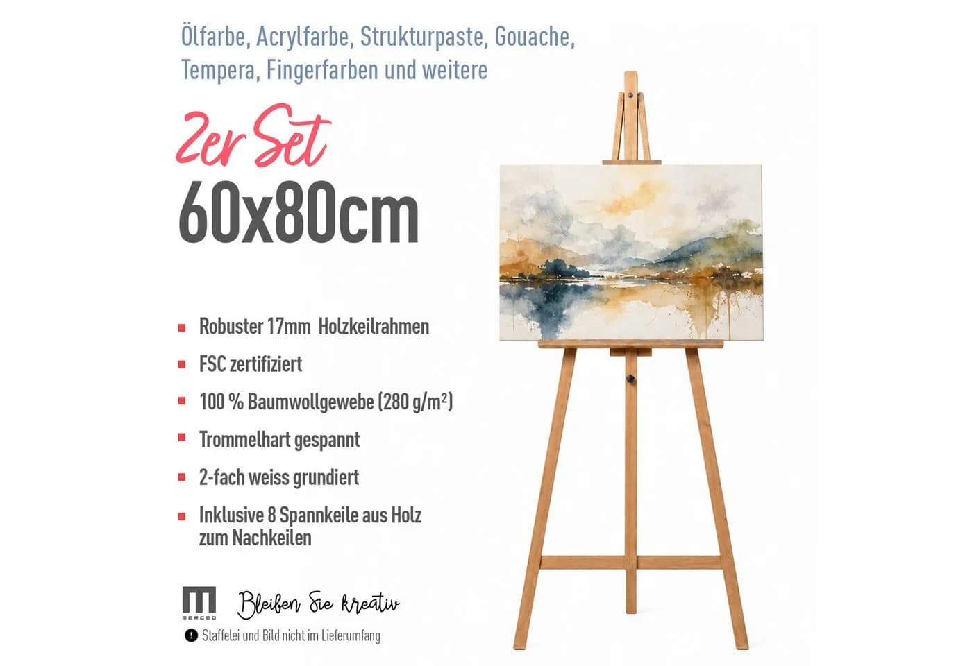 M MERCEO Leinwand 2er-Set 60x80cm Baumwolle Keilrahmen 280g/m