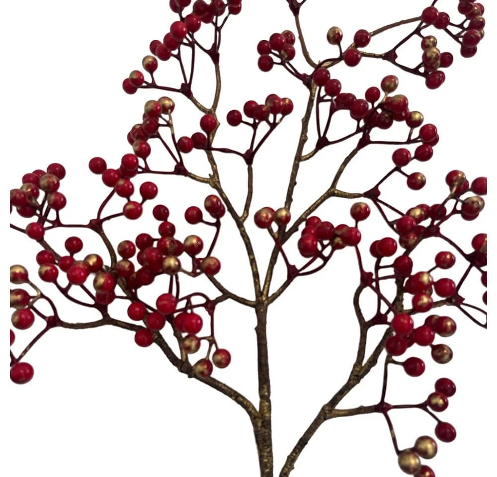 2474U Kunstzweig Rote Beeren mit Goldfinish ca. 76 cm