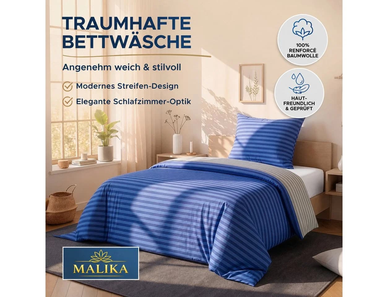 Malika Bettwäsche Renforce Baumwolle Blau 2-teilig