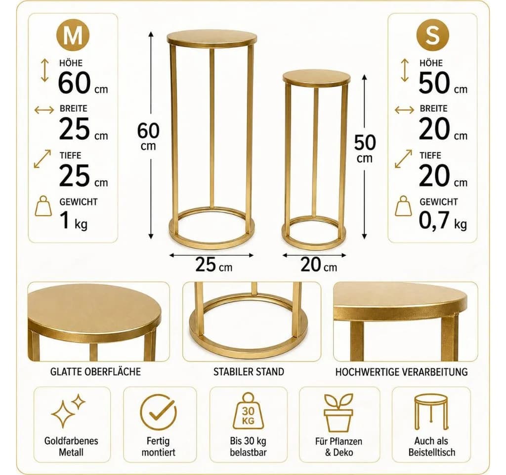 DanDiBo Blumenständer 2er Set Metall Gold Rund