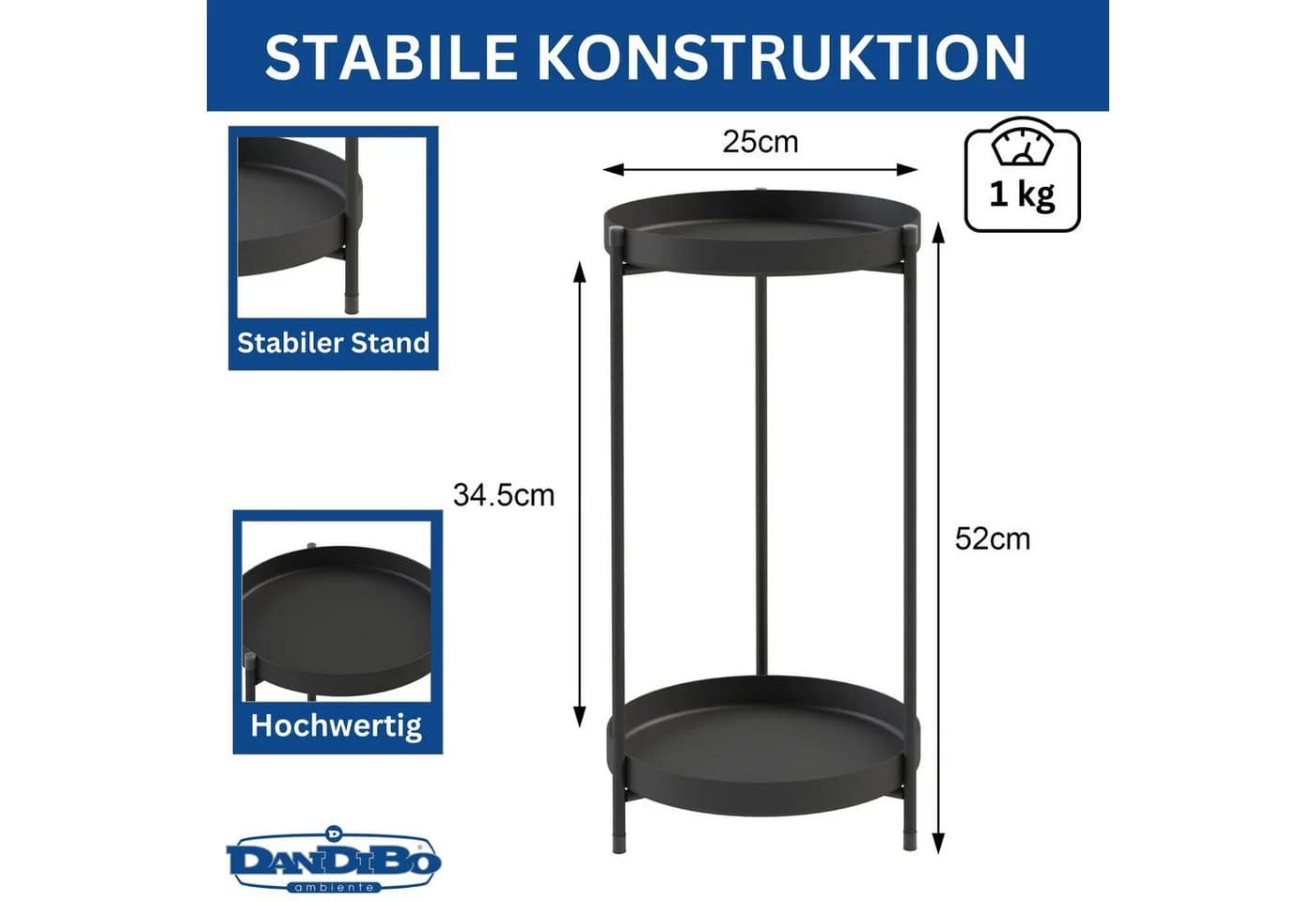 DanDiBo Blumenhocker Metall Schwarz Rund 2 Etagen 52 cm 96583 Beistelltisch
