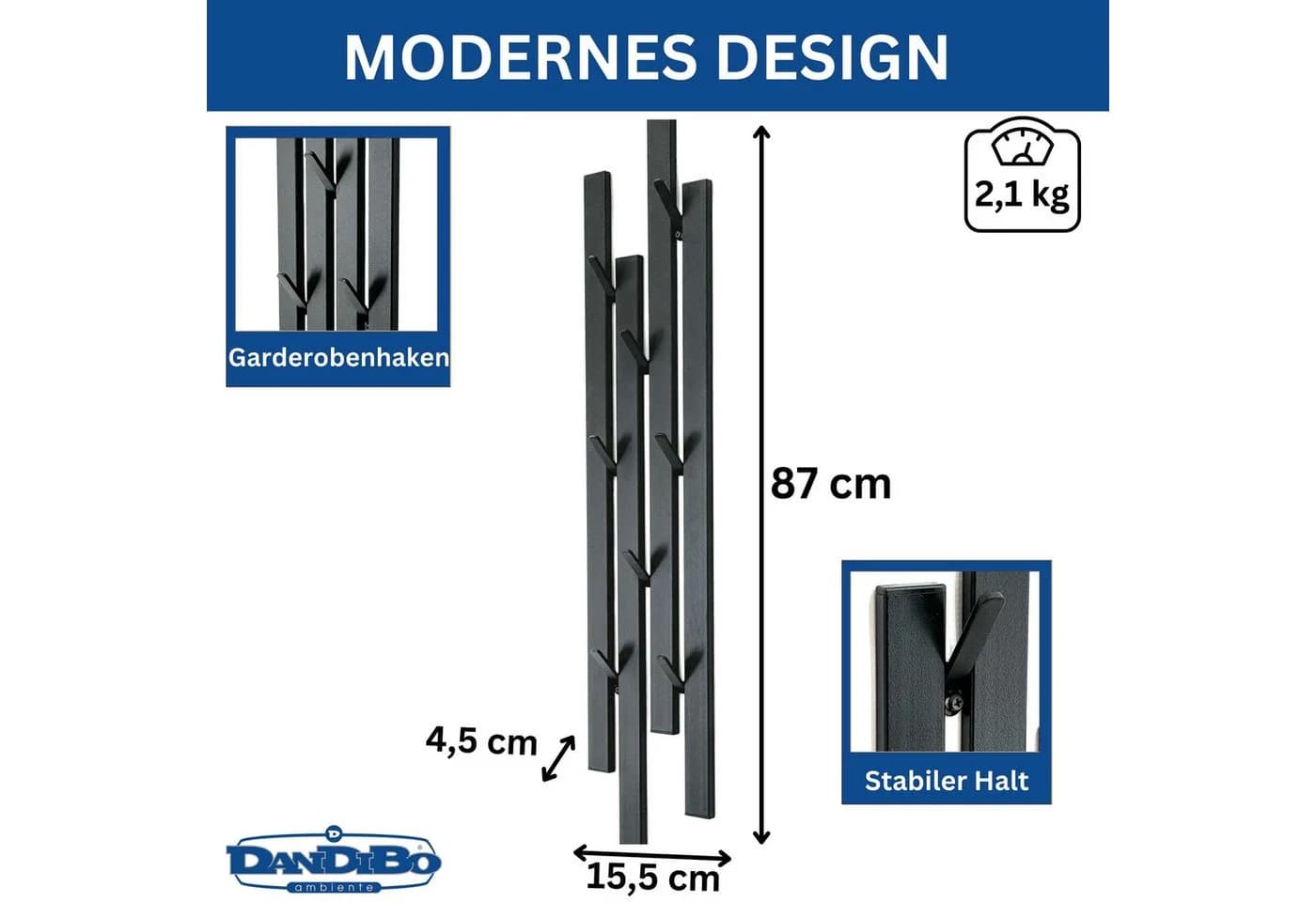 DanDiBo Wandgarderobe Schwarz Metall mit 8 Haken Modern