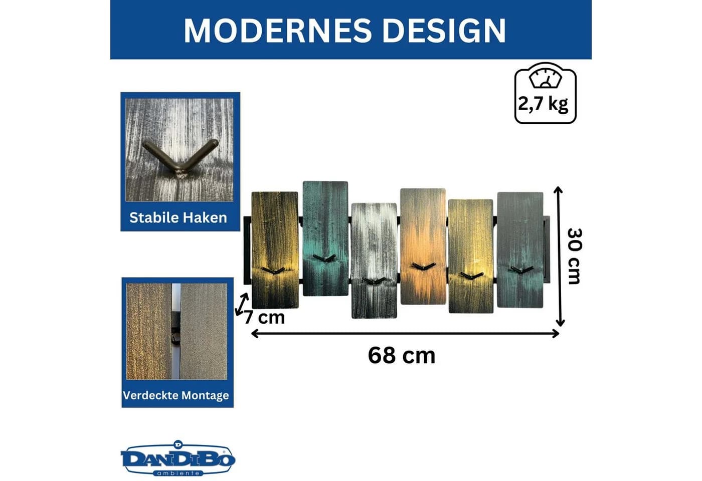 DanDiBo Wandgarderobe Schwarz Metall 12 Haken