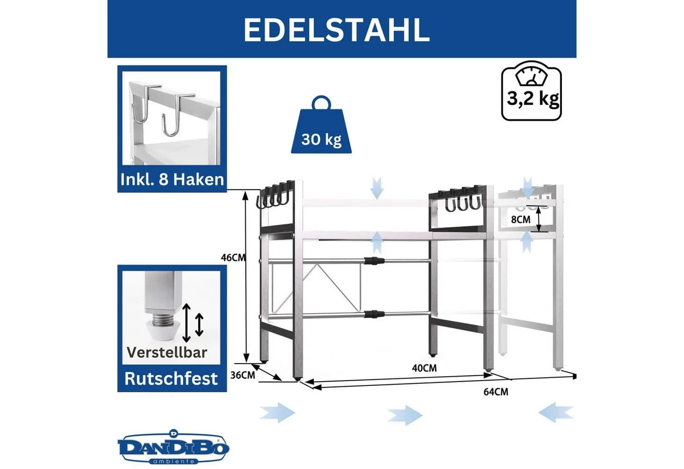 DanDiBo Küchenregal Verstellbares Mikrowellenregal Edelstahl 2 Stufig